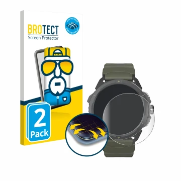 Parte frontal de un envase de producto con el logotipo de la marca BROTECT. Al lado se muestra el dispositivo Hammer Watch 2 M