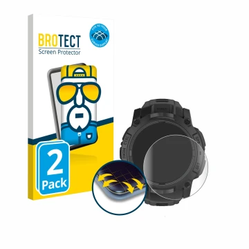 Parte frontal de un envase de producto con el logotipo de la marca BROTECT. Al lado se muestra el dispositivo Garmin Instinct 