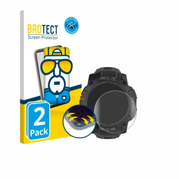 Parte frontal de un envase de producto con el logotipo de la marca BROTECT. Al lado se muestra el dispositivo Garmin Instinct 