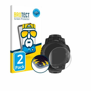 Parte frontal de un envase de producto con el logotipo de la marca BROTECT. Al lado se muestra el dispositivo Garmin Instinct 