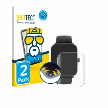 Parte frontal de un envase de producto con el logotipo de la marca BROTECT. Al lado se muestra el dispositivo Hama Smartwatch 