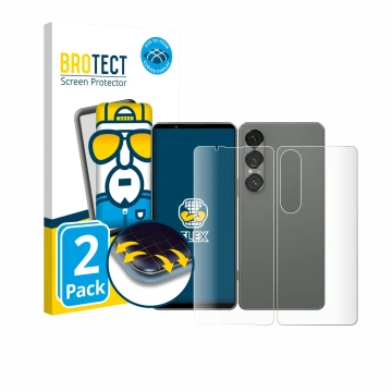 Parte frontal de un envase de producto con el logotipo de la marca BROTECT. Al lado se muestra el dispositivo Sony Xperia 1 VI
