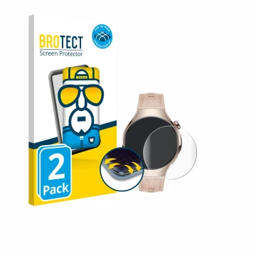 Parte frontal de un envase de producto con el logotipo de la marca BROTECT. Al lado se muestra el dispositivo Huawei Watch 5 (