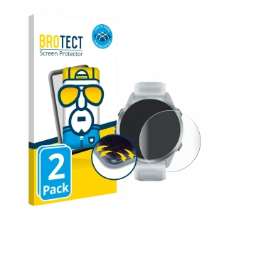 Parte frontal de un envase de producto con el logotipo de la marca BROTECT. Al lado se muestra el dispositivo Garmin Forerunne