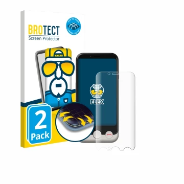 Parte frontal de un envase de producto con el logotipo de la marca BROTECT. Al lado se muestra el dispositivo Doro Aurora A10 