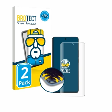 Parte frontal de un envase de producto con el logotipo de la marca BROTECT. Al lado se muestra el dispositivo realme GT 7 con 