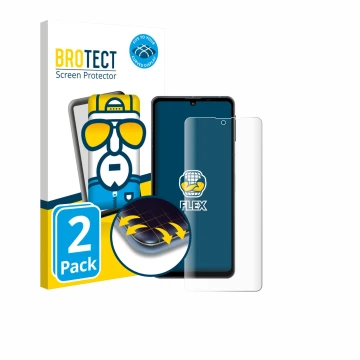 Parte frontal de un envase de producto con el logotipo de la marca BROTECT. Al lado se muestra el dispositivo Sharp Aquos Sens