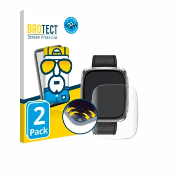 Parte frontal de un envase de producto con el logotipo de la marca BROTECT. Al lado se muestra el dispositivo Amazfit Active 2