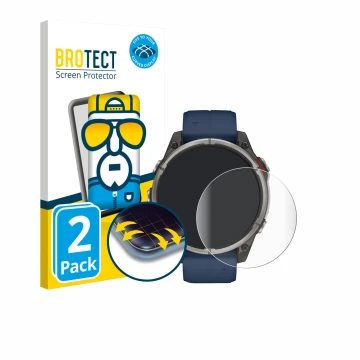 Parte frontal de un envase de producto con el logotipo de la marca BROTECT. Al lado se muestra el dispositivo Garmin quatix 8 
