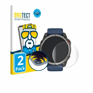 Parte frontal de un envase de producto con el logotipo de la marca BROTECT. Al lado se muestra el dispositivo Garmin quatix 8 