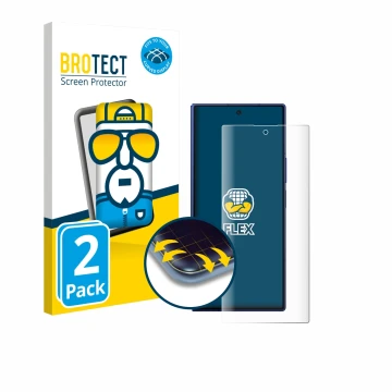 Parte frontal de un envase de producto con el logotipo de la marca BROTECT. Al lado se muestra el dispositivo Samsung Galaxy Z