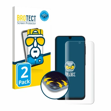 Parte frontal de un envase de producto con el logotipo de la marca BROTECT. Al lado se muestra el dispositivo Samsung Galaxy A