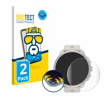 Parte frontal de un envase de producto con el logotipo de la marca BROTECT. Al lado se muestra el dispositivo Suunto Race 2 co