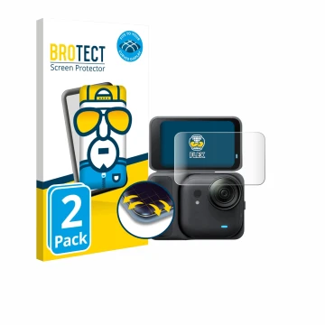 Parte frontal de un envase de producto con el logotipo de la marca BROTECT. Al lado se muestra el dispositivo Insta360 Go Ultr