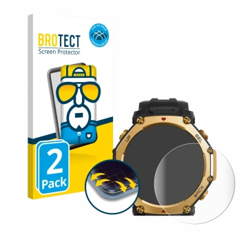 Parte frontal de un envase de producto con el logotipo de la marca BROTECT. Al lado se muestra el dispositivo Huami Amazfit T-