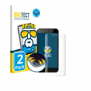 Parte frontal de un envase de producto con el logotipo de la marca BROTECT. Al lado se muestra el dispositivo HTC Wildfire E5 