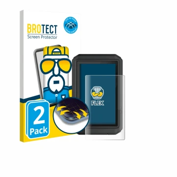 Parte frontal de un envase de producto con el logotipo de la marca BROTECT. Al lado se muestra el dispositivo Garmin eTrex Tou