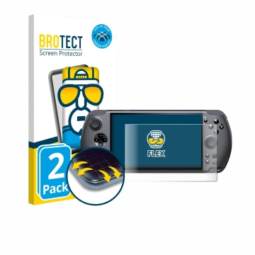 Parte frontal de un envase de producto con el logotipo de la marca BROTECT. Al lado se muestra el dispositivo GPD Win 5 con su