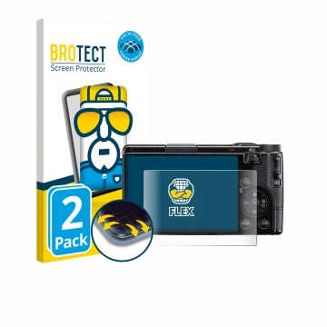 Parte frontal de un envase de producto con el logotipo de la marca BROTECT. Al lado se muestra el dispositivo Ricoh GR IV HDF 