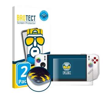 Parte frontal de un envase de producto con el logotipo de la marca BROTECT. Al lado se muestra el dispositivo MSI Claw A8 BZ2E