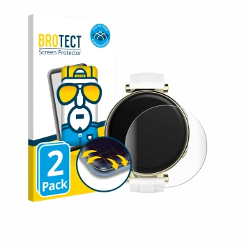 Parte frontal de un envase de producto con el logotipo de la marca BROTECT. Al lado se muestra el dispositivo Hama Smartwatch 