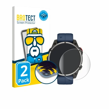 Parte frontal de un envase de producto con el logotipo de la marca BROTECT. Al lado se muestra el dispositivo Garmin quatix 8 