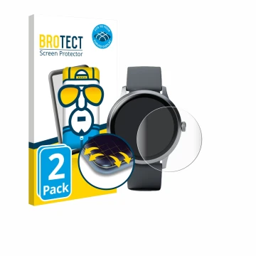 Parte frontal de un envase de producto con el logotipo de la marca BROTECT. Al lado se muestra el dispositivo Pebble Round 2 c