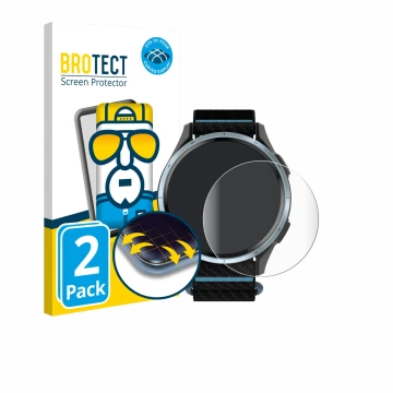 Parte frontal de un envase de producto con el logotipo de la marca BROTECT. Al lado se muestra el dispositivo Garmin Approach 