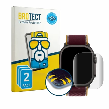 Parte frontal de un envase de producto con el logotipo de la marca BROTECT. Al lado se muestra el dispositivo Apple Watch Ultr