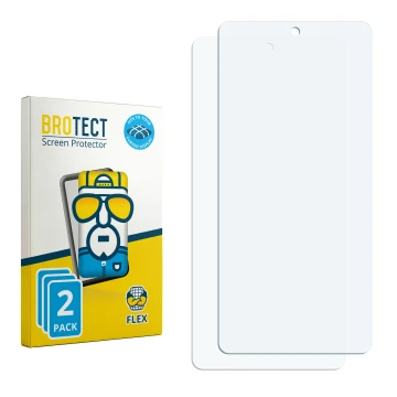 Parte frontal de un envase de producto con el logotipo de la marca BROTECT. Al lado está el protector de pantalla correspondie