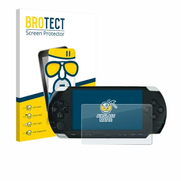 Parte frontal de un envase de producto con el logotipo de la marca BROTECT. Al lado se muestra el dispositivo Sony PSP 1000 co