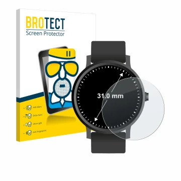Parte frontal de un envase de producto con el logotipo de la marca BROTECT. Al lado se muestra el dispositivo Relojes (circula