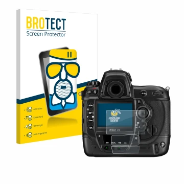 Parte frontal de un envase de producto con el logotipo de la marca BROTECT. Al lado se muestra el dispositivo Nikon D3 con su 