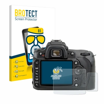 Parte frontal de un envase de producto con el logotipo de la marca BROTECT. Al lado se muestra el dispositivo Nikon D90 con su