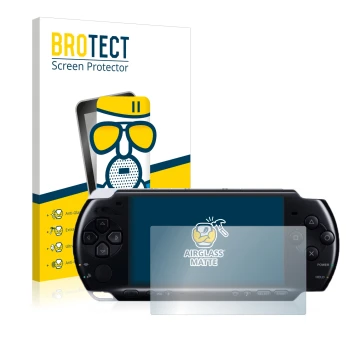 Parte frontal de un envase de producto con el logotipo de la marca BROTECT. Al lado se muestra el dispositivo Sony PSP 3004 co