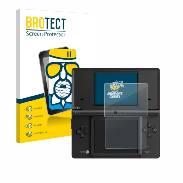 Parte frontal de un envase de producto con el logotipo de la marca BROTECT. Al lado se muestra el dispositivo Nintendo DSi con