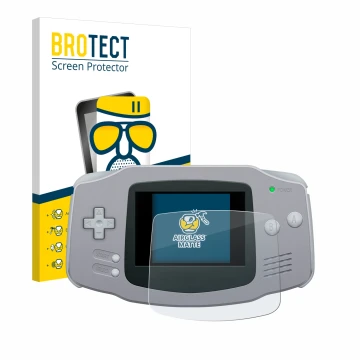 Parte frontal de un envase de producto con el logotipo de la marca BROTECT. Al lado se muestra el dispositivo Nintendo Gameboy
