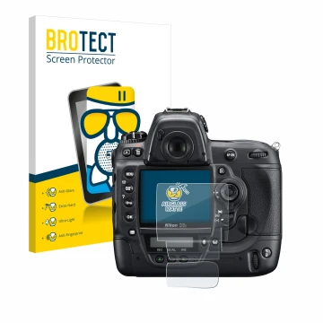 Parte frontal de un envase de producto con el logotipo de la marca BROTECT. Al lado se muestra el dispositivo Nikon D3S con su