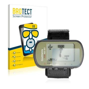 Parte frontal de un envase de producto con el logotipo de la marca BROTECT. Al lado se muestra el dispositivo Garmin Foretrex 