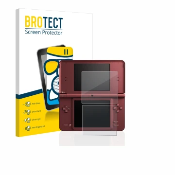 Parte frontal de un envase de producto con el logotipo de la marca BROTECT. Al lado se muestra el dispositivo Nintendo DSi XL 