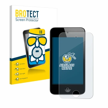 Parte frontal de un envase de producto con el logotipo de la marca BROTECT. Al lado se muestra el dispositivo Apple iPod Touch