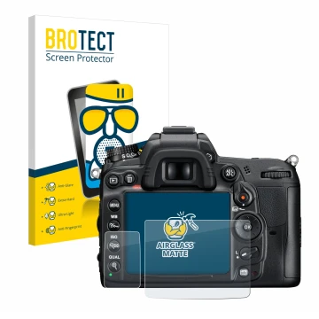 Parte frontal de un envase de producto con el logotipo de la marca BROTECT. Al lado se muestra el dispositivo Nikon D7000 con 