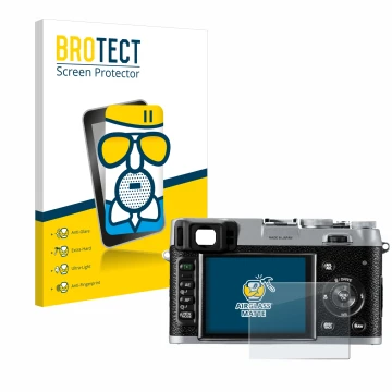 Parte frontal de un envase de producto con el logotipo de la marca BROTECT. Al lado se muestra el dispositivo Fujifilm FinePix