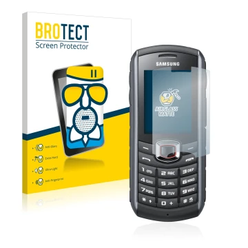 Parte frontal de un envase de producto con el logotipo de la marca BROTECT. Al lado se muestra el dispositivo Samsung GT-B2710