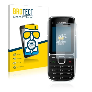 Parte frontal de un envase de producto con el logotipo de la marca BROTECT. Al lado se muestra el dispositivo Nokia C2-01 con 
