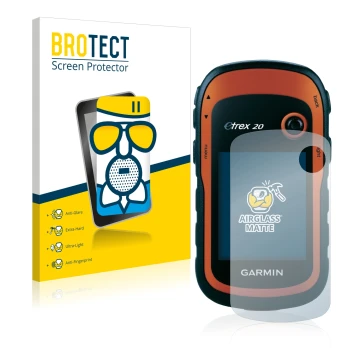 Parte frontal de un envase de producto con el logotipo de la marca BROTECT. Al lado se muestra el dispositivo Garmin eTrex 20 