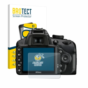 Parte frontal de un envase de producto con el logotipo de la marca BROTECT. Al lado se muestra el dispositivo Nikon D3200 con 