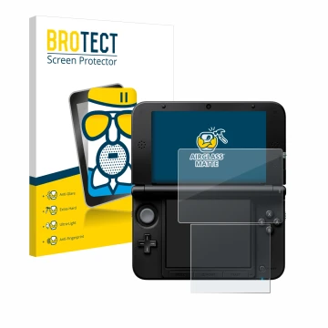 Parte frontal de un envase de producto con el logotipo de la marca BROTECT. Al lado se muestra el dispositivo Nintendo 3DS XL 