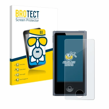 Parte frontal de un envase de producto con el logotipo de la marca BROTECT. Al lado se muestra el dispositivo Apple iPod nano 