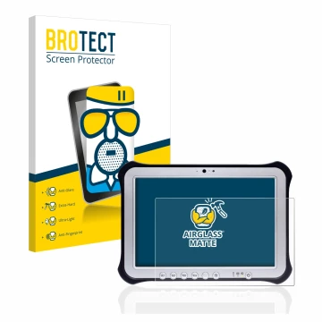 Parte frontal de un envase de producto con el logotipo de la marca BROTECT. Al lado se muestra el dispositivo Panasonic Toughp